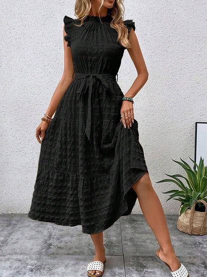 Ruffled Cap Sleeves Lace-Up Textured Tiered Dress