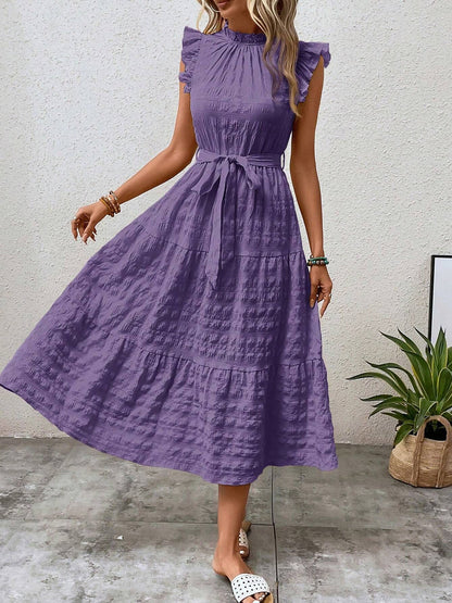 Ruffled Cap Sleeves Lace-Up Textured Tiered Dress