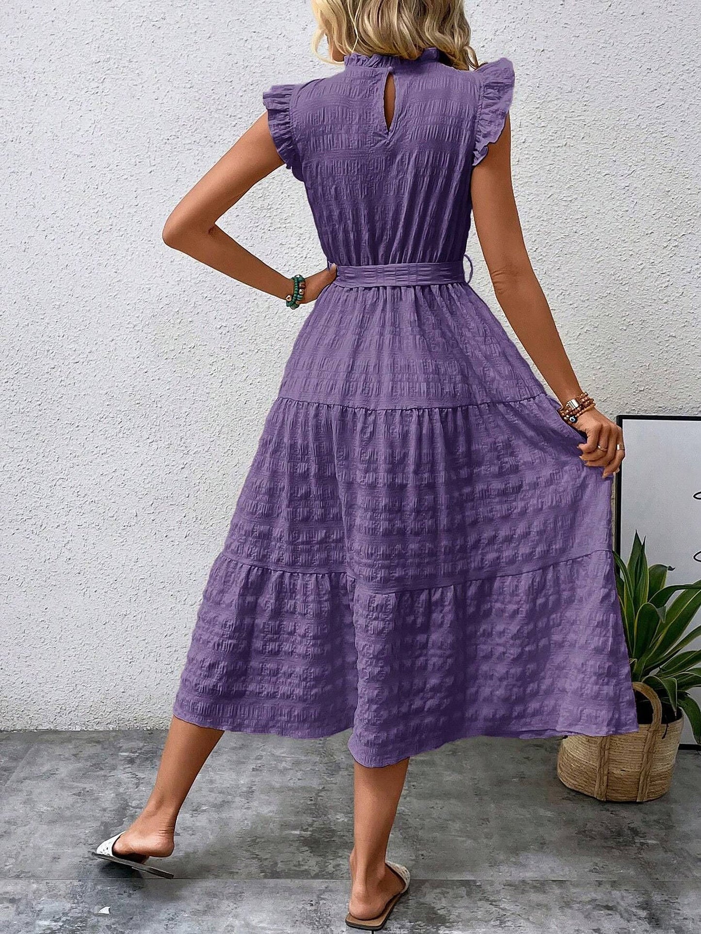 Ruffled Cap Sleeves Lace-Up Textured Tiered Dress