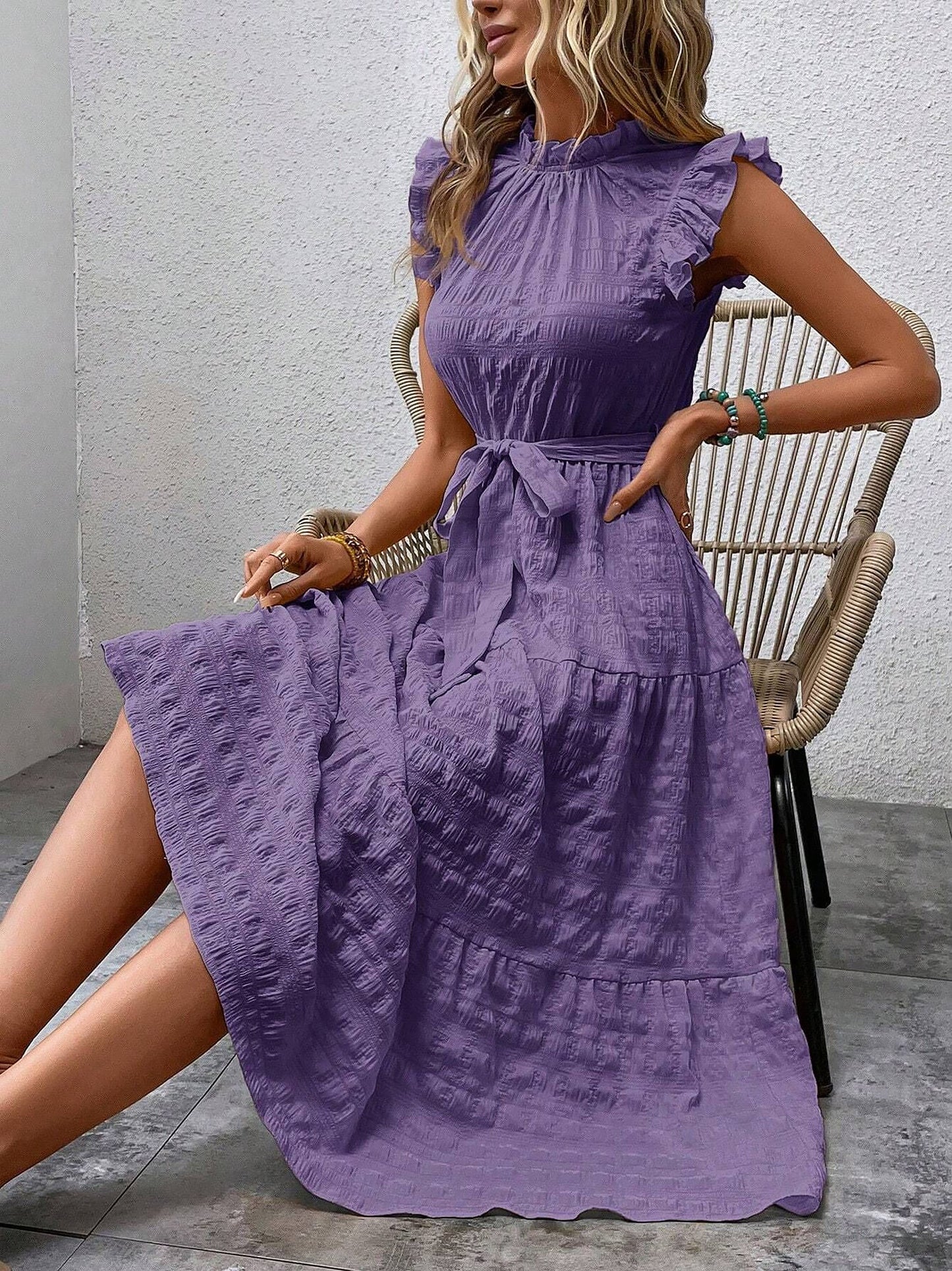 Ruffled Cap Sleeves Lace-Up Textured Tiered Dress