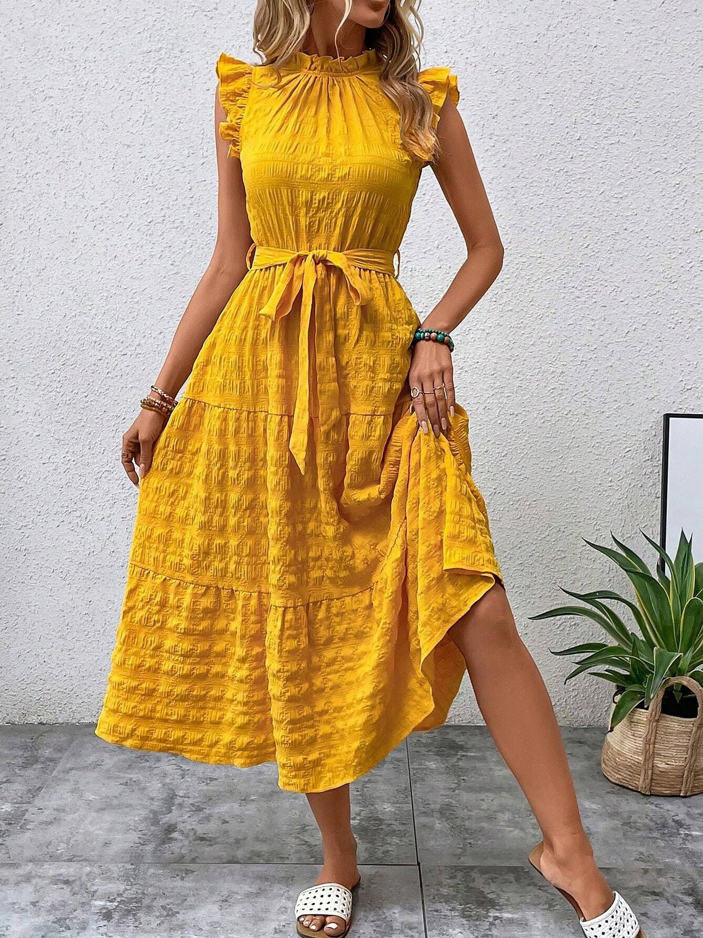 Ruffled Cap Sleeves Lace-Up Textured Tiered Dress