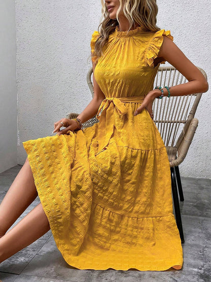 Ruffled Cap Sleeves Lace-Up Textured Tiered Dress