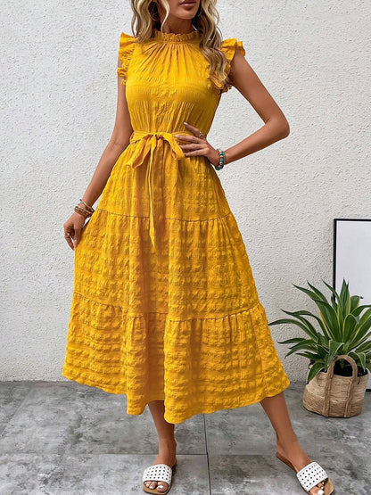 Ruffled Cap Sleeves Lace-Up Textured Tiered Dress