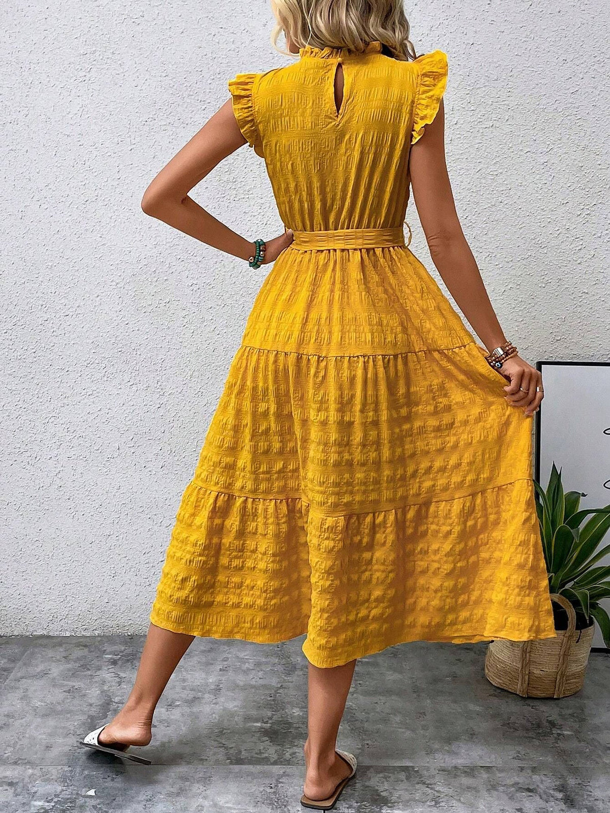 Ruffled Cap Sleeves Lace-Up Textured Tiered Dress