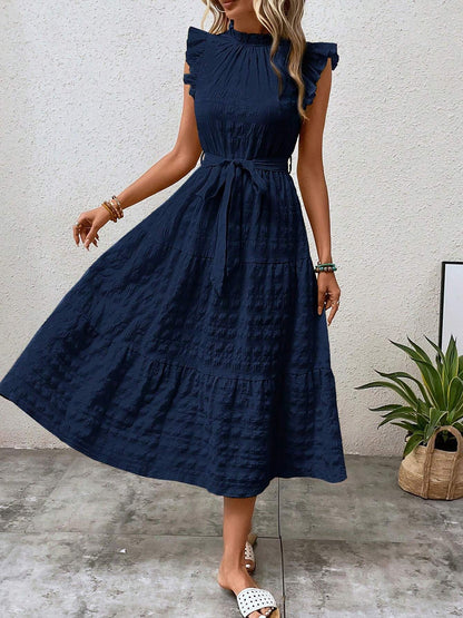 Ruffled Cap Sleeves Lace-Up Textured Tiered Dress