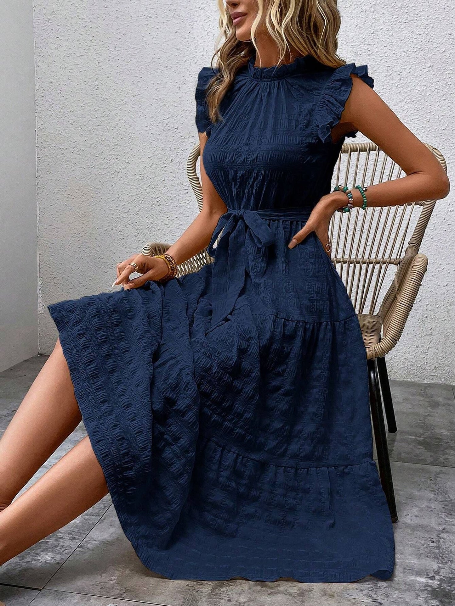 Ruffled Cap Sleeves Lace-Up Textured Tiered Dress