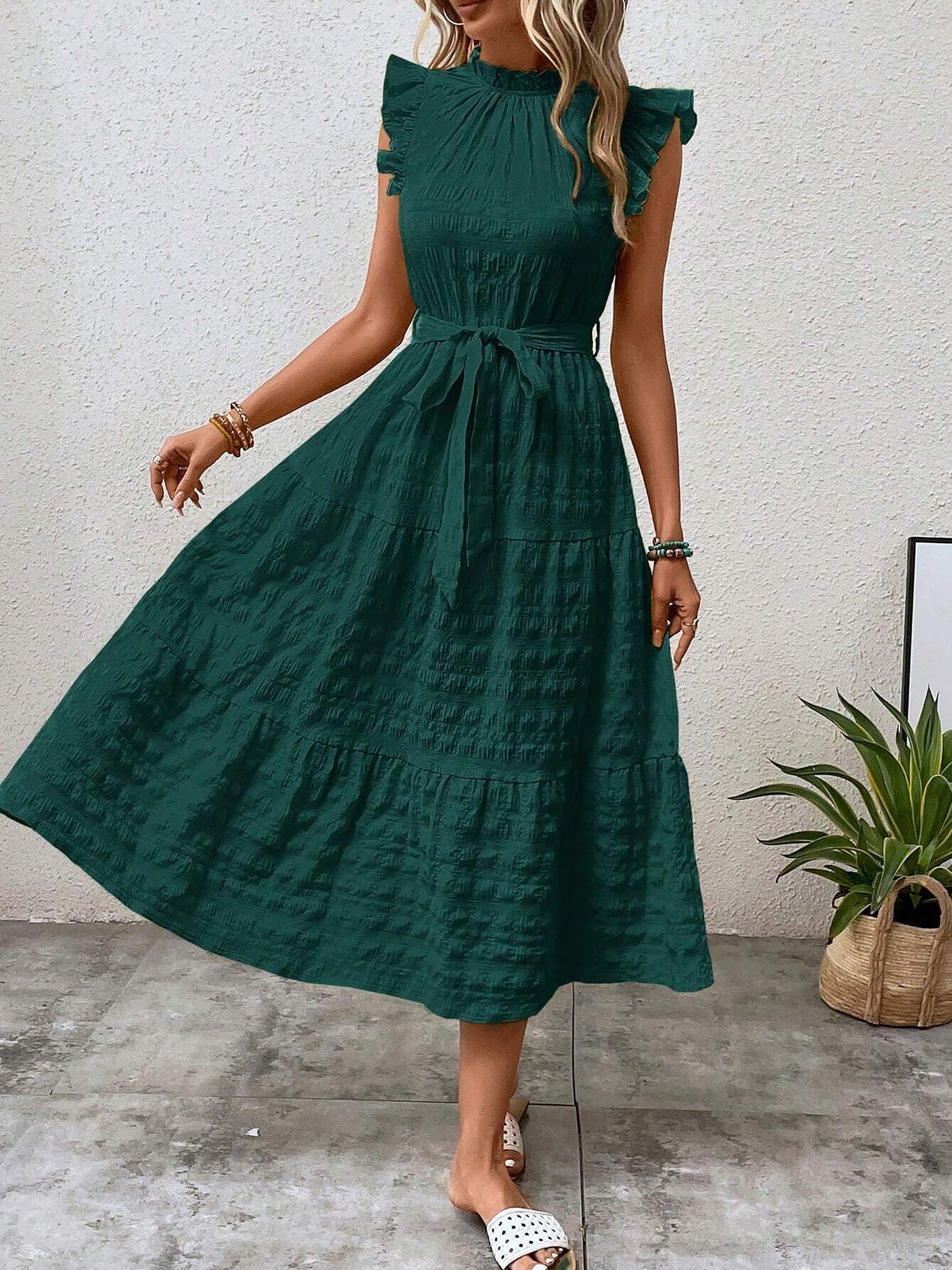 Ruffled Cap Sleeves Lace-Up Textured Tiered Dress