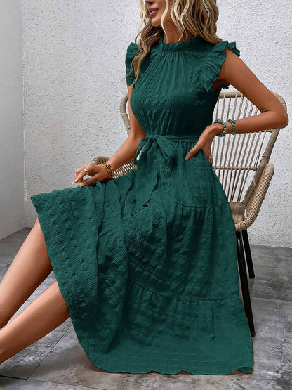Ruffled Cap Sleeves Lace-Up Textured Tiered Dress