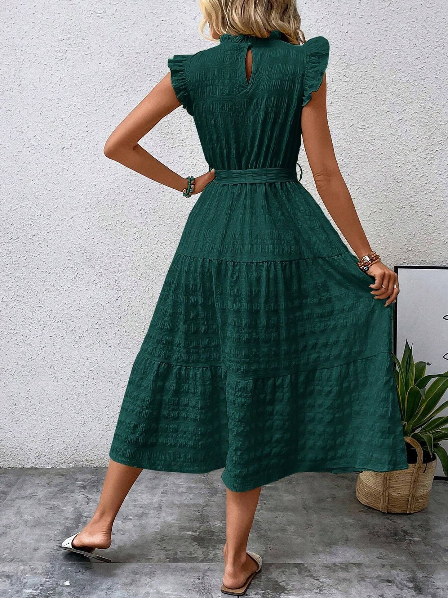 Ruffled Cap Sleeves Lace-Up Textured Tiered Dress