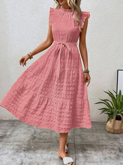 Ruffled Cap Sleeves Lace-Up Textured Tiered Dress