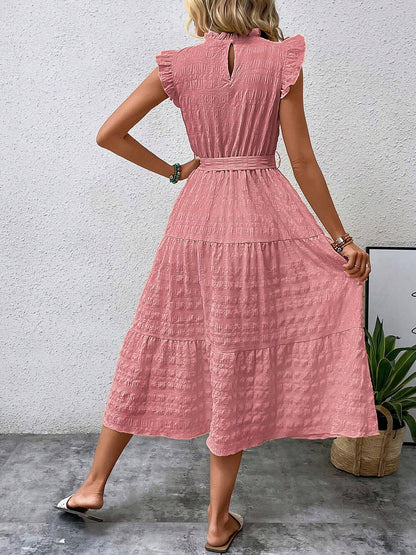 Ruffled Cap Sleeves Lace-Up Textured Tiered Dress
