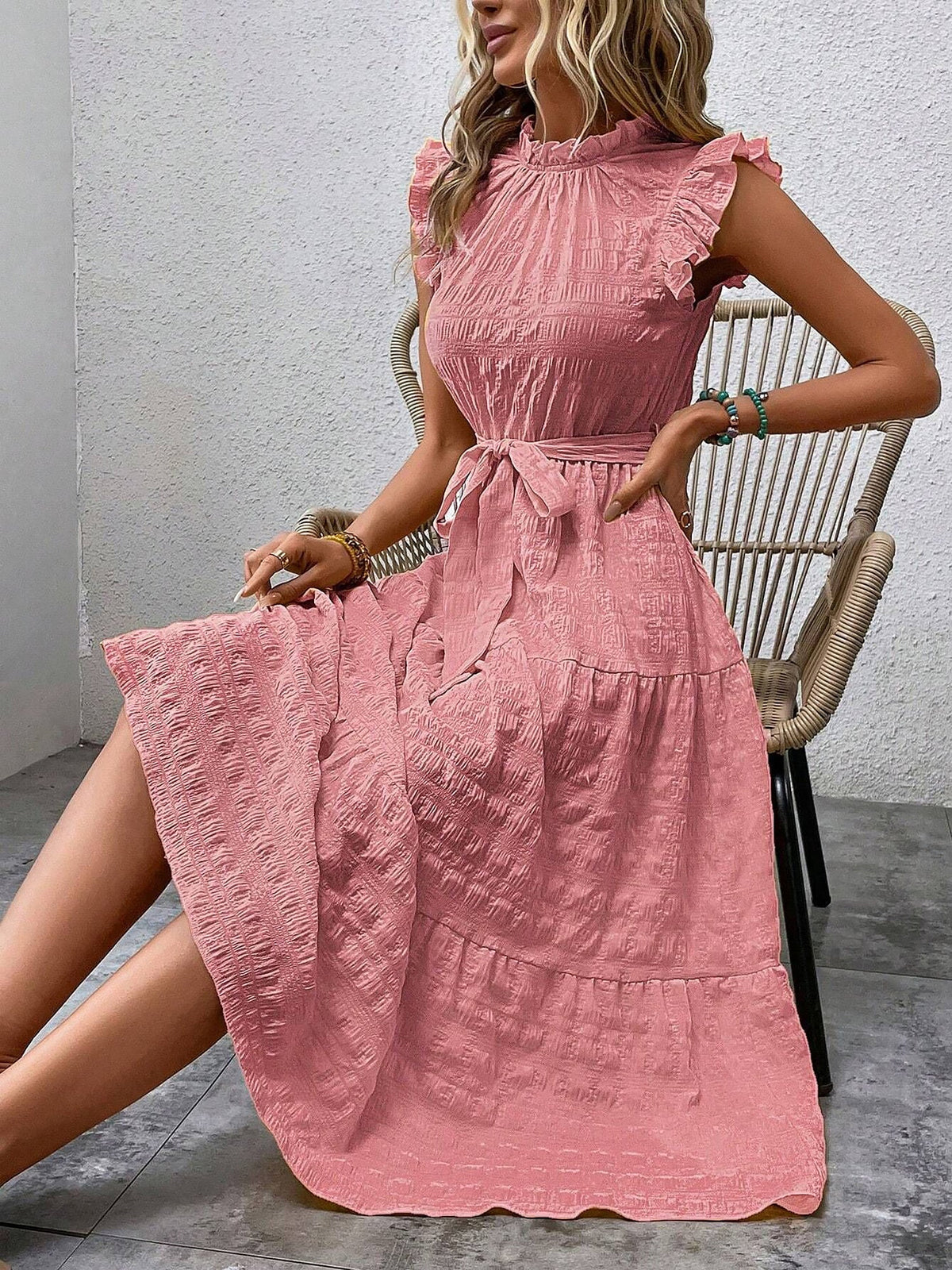 Ruffled Cap Sleeves Lace-Up Textured Tiered Dress