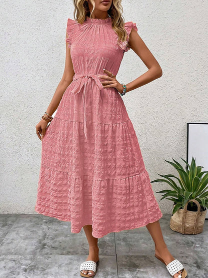 Ruffled Cap Sleeves Lace-Up Textured Tiered Dress