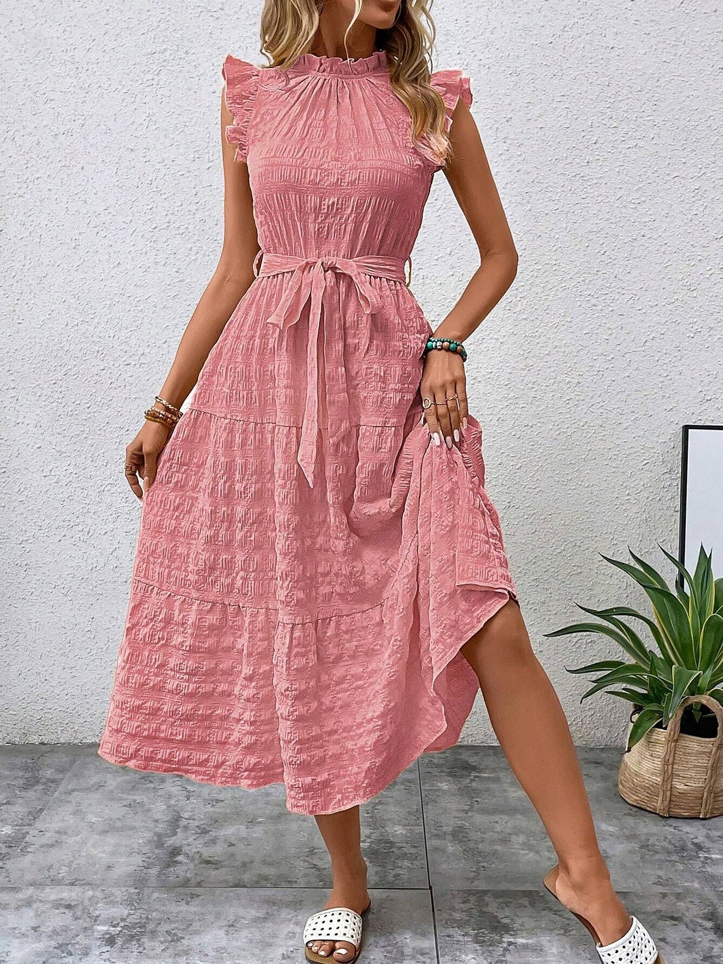 Ruffled Cap Sleeves Lace-Up Textured Tiered Dress