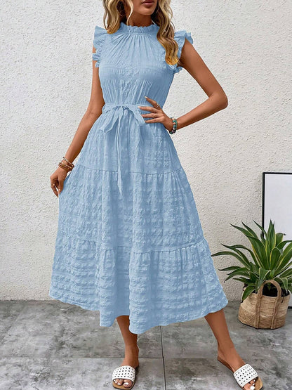 Ruffled Cap Sleeves Lace-Up Textured Tiered Dress