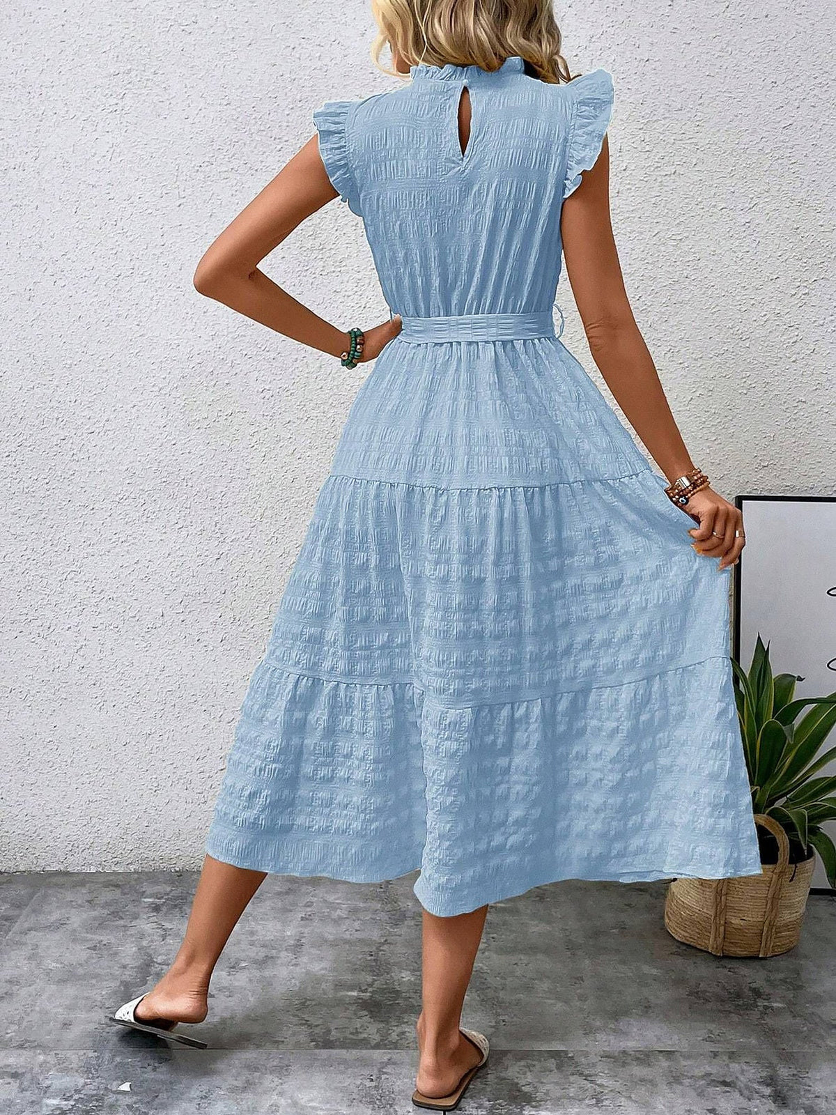 Ruffled Cap Sleeves Lace-Up Textured Tiered Dress