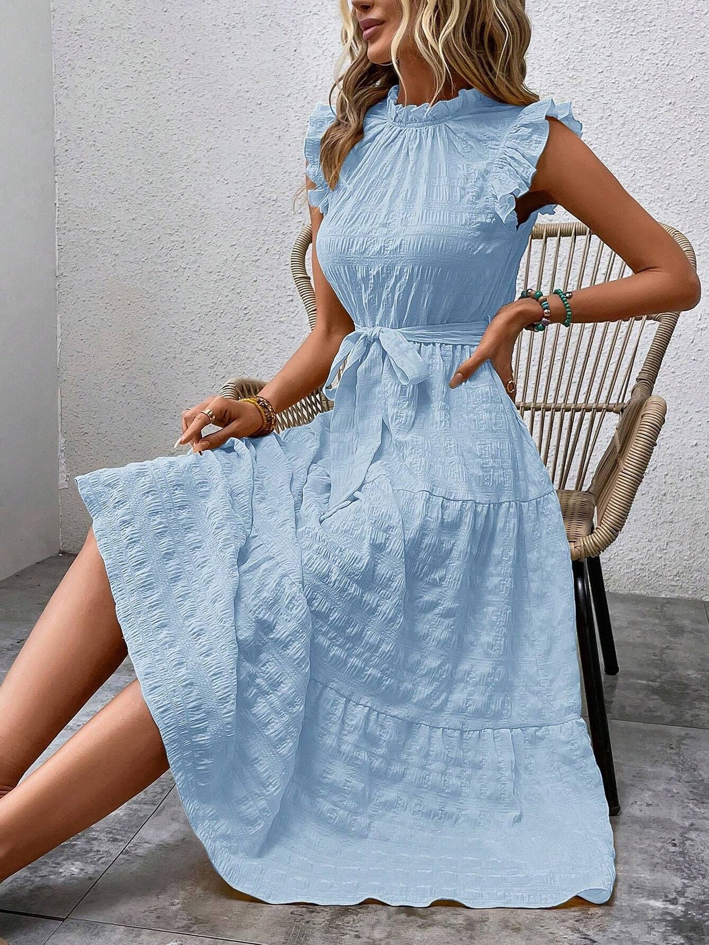 Ruffled Cap Sleeves Lace-Up Textured Tiered Dress