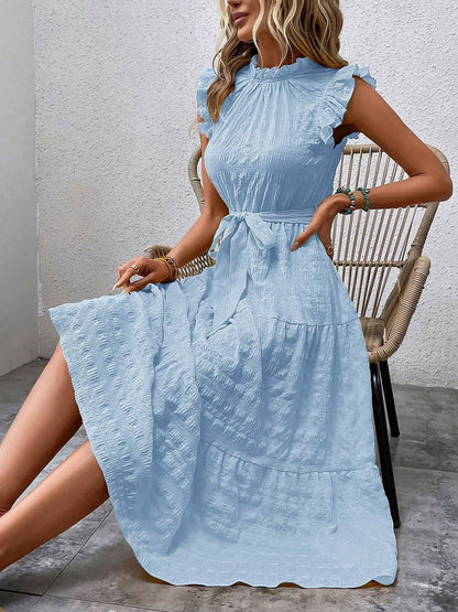 Ruffled Cap Sleeves Lace-Up Textured Tiered Dress