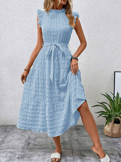 Ruffled Cap Sleeves Lace-Up Textured Tiered Dress