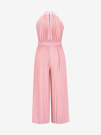 Halter Neck Sleeveless Pleated Wide Leg Jumpsuits