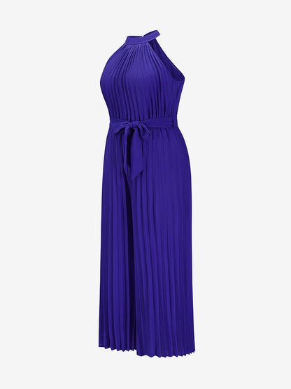 Halter Neck Sleeveless Pleated Wide Leg Jumpsuits