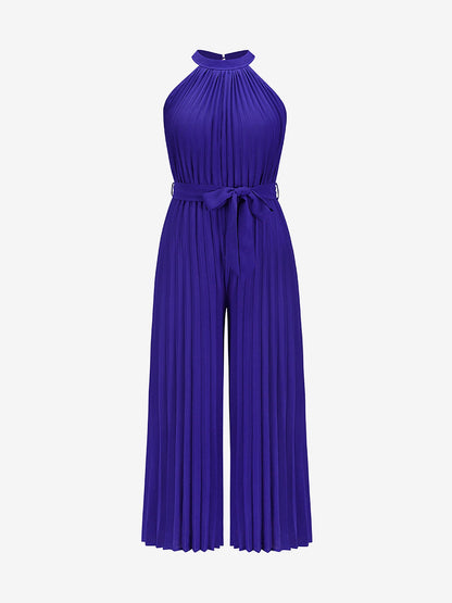 Halter Neck Sleeveless Pleated Wide Leg Jumpsuits