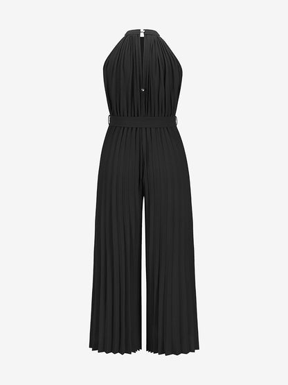 Halter Neck Sleeveless Pleated Wide Leg Jumpsuits