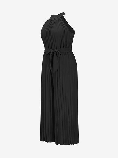Halter Neck Sleeveless Pleated Wide Leg Jumpsuits
