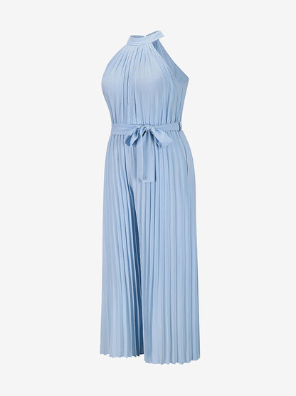 Halter Neck Sleeveless Pleated Wide Leg Jumpsuits