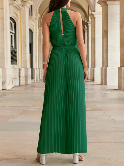 Halter Neck Sleeveless Pleated Wide Leg Jumpsuits