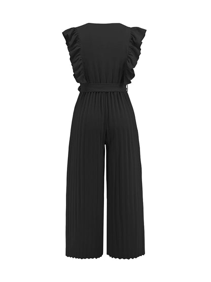 Elegant Ruffled Cap Sleeves High-Waist Pleats Belted Wide Leg Office Jumpsuits