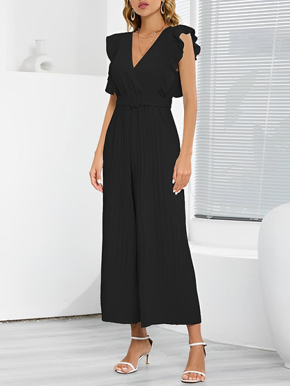 Elegant Ruffled Cap Sleeves High-Waist Pleats Belted Wide Leg Office Jumpsuits