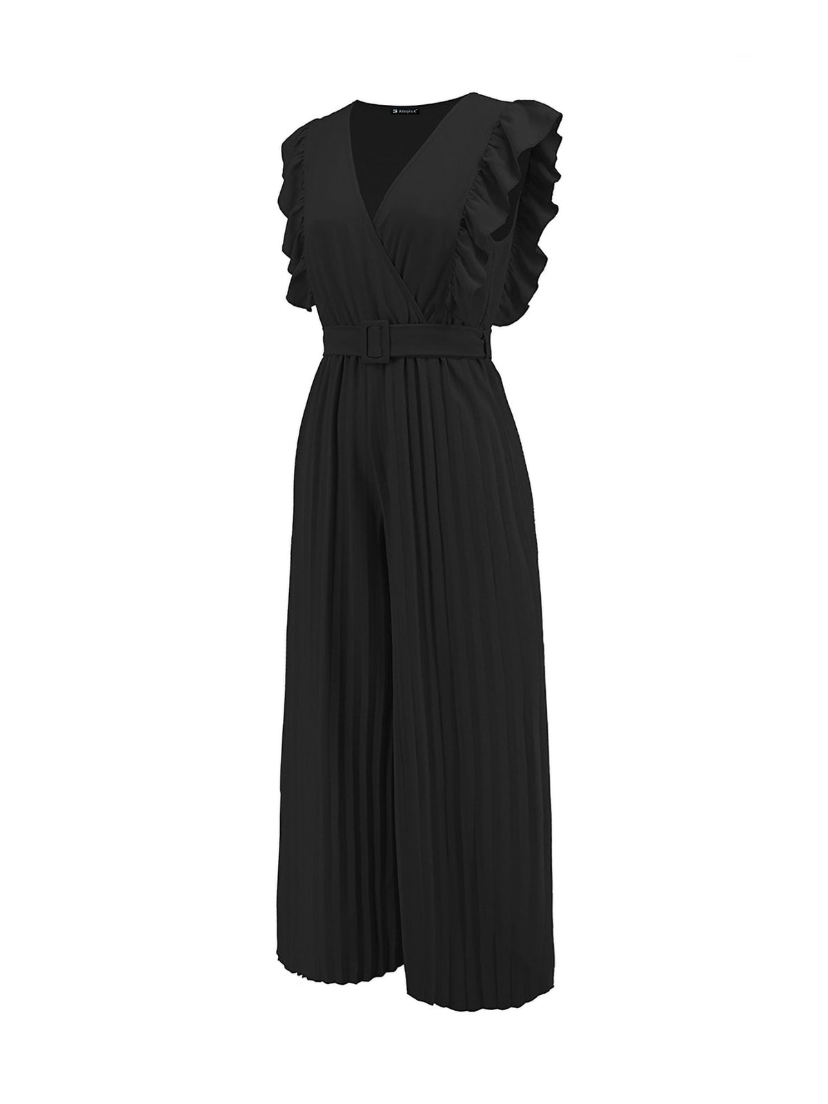 Elegant Ruffled Cap Sleeves High-Waist Pleats Belted Wide Leg Office Jumpsuits