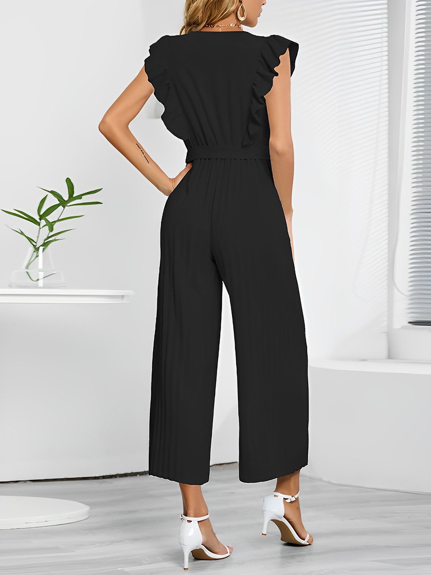 Elegant Ruffled Cap Sleeves High-Waist Pleats Belted Wide Leg Office Jumpsuits