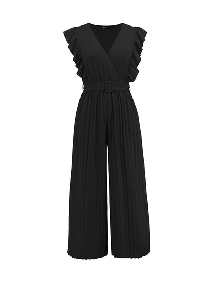 Elegant Ruffled Cap Sleeves High-Waist Pleats Belted Wide Leg Office Jumpsuits