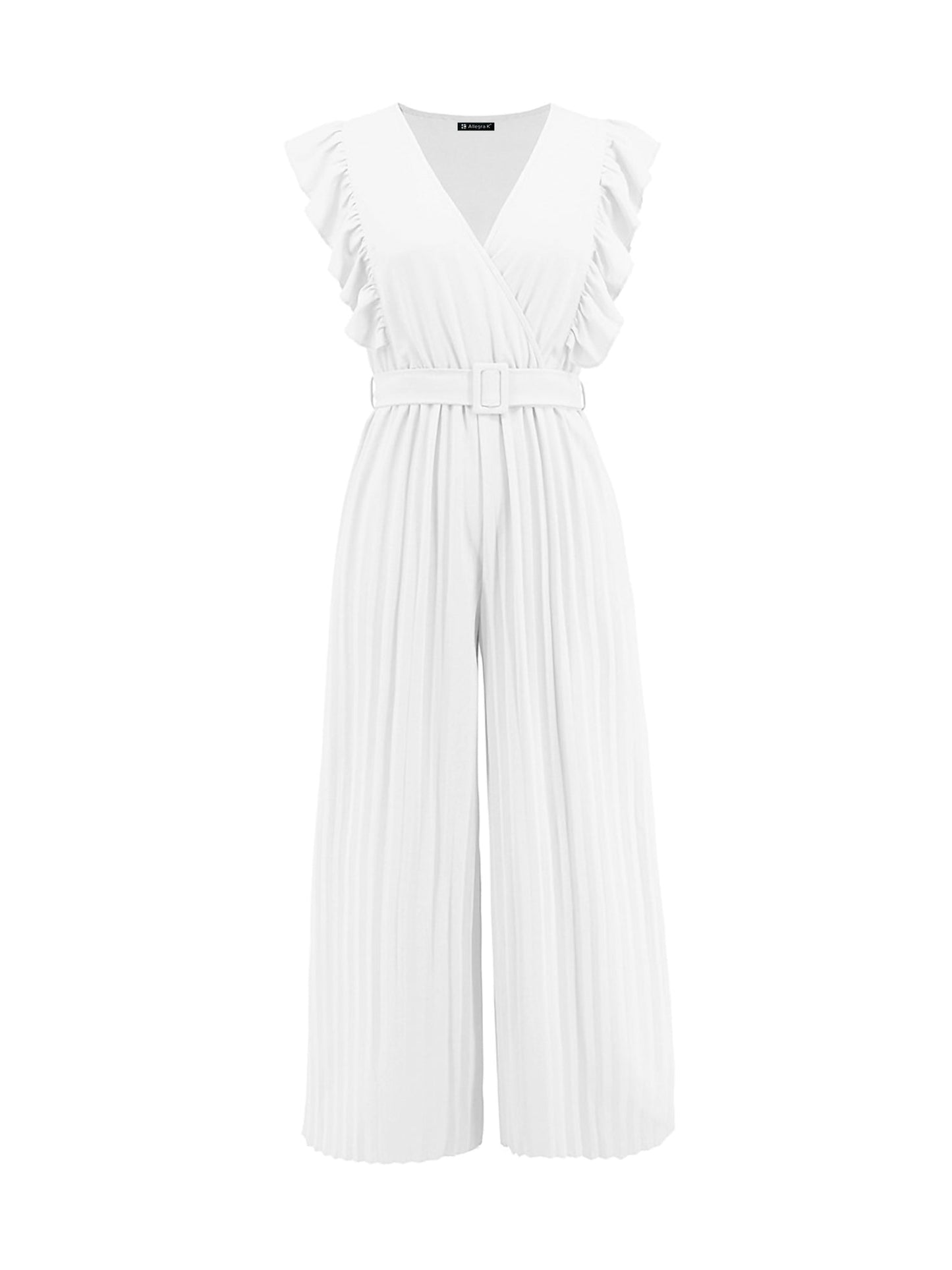 Elegant Ruffled Cap Sleeves High-Waist Pleats Belted Wide Leg Office Jumpsuits