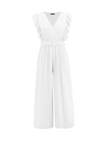 Elegant Ruffled Cap Sleeves High-Waist Pleats Belted Wide Leg Office Jumpsuits