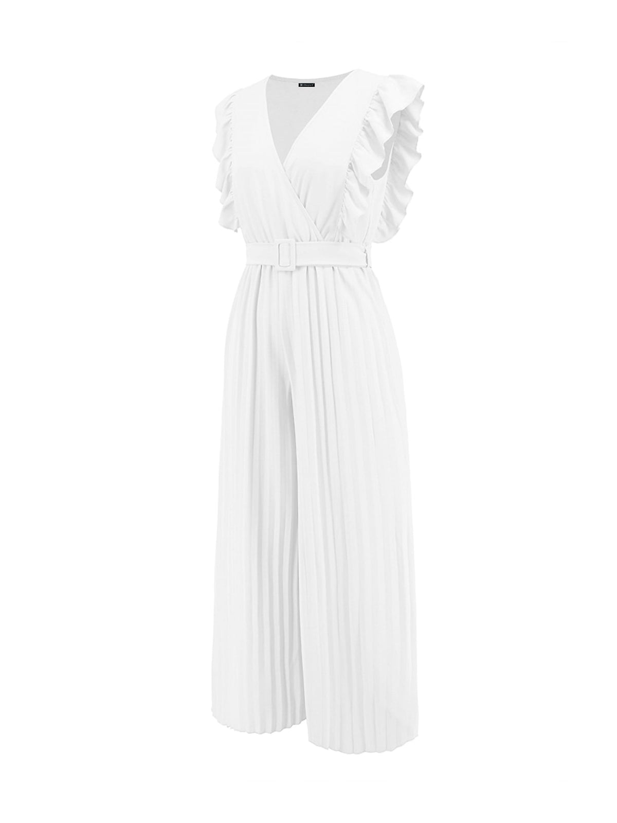 Elegant Ruffled Cap Sleeves High-Waist Pleats Belted Wide Leg Office Jumpsuits