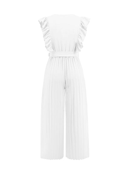 Elegant Ruffled Cap Sleeves High-Waist Pleats Belted Wide Leg Office Jumpsuits