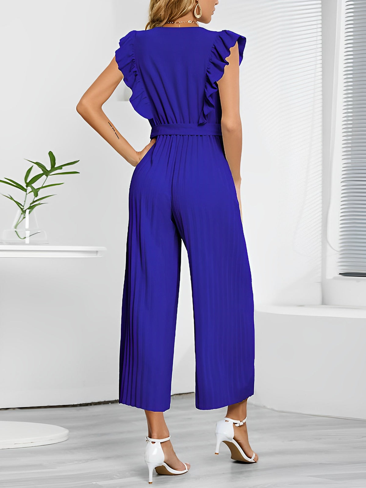 Elegant Ruffled Cap Sleeves High-Waist Pleats Belted Wide Leg Office Jumpsuits