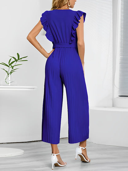 Elegant Ruffled Cap Sleeves High-Waist Pleats Belted Wide Leg Office Jumpsuits