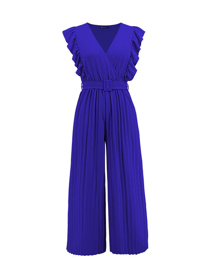 Elegant Ruffled Cap Sleeves High-Waist Pleats Belted Wide Leg Office Jumpsuits