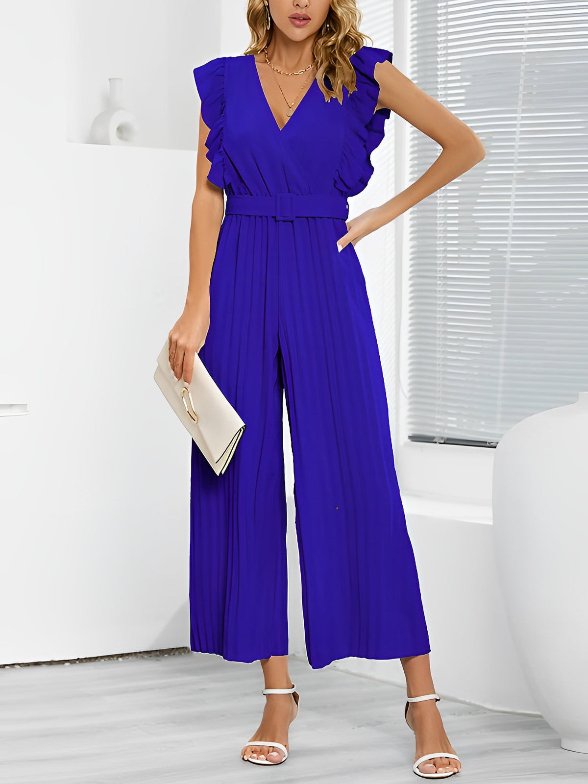 Elegant Ruffled Cap Sleeves High-Waist Pleats Belted Wide Leg Office Jumpsuits
