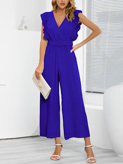 Elegant Ruffled Cap Sleeves High-Waist Pleats Belted Wide Leg Office Jumpsuits
