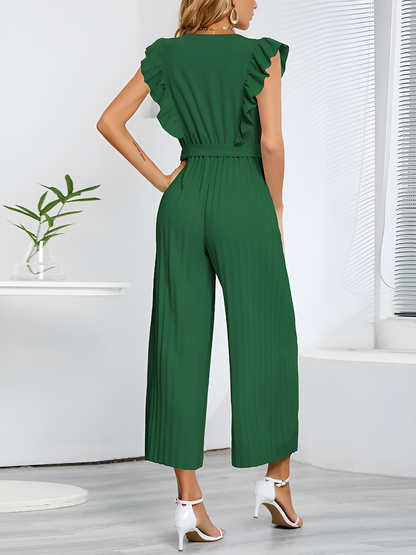 Elegant Ruffled Cap Sleeves High-Waist Pleats Belted Wide Leg Office Jumpsuits