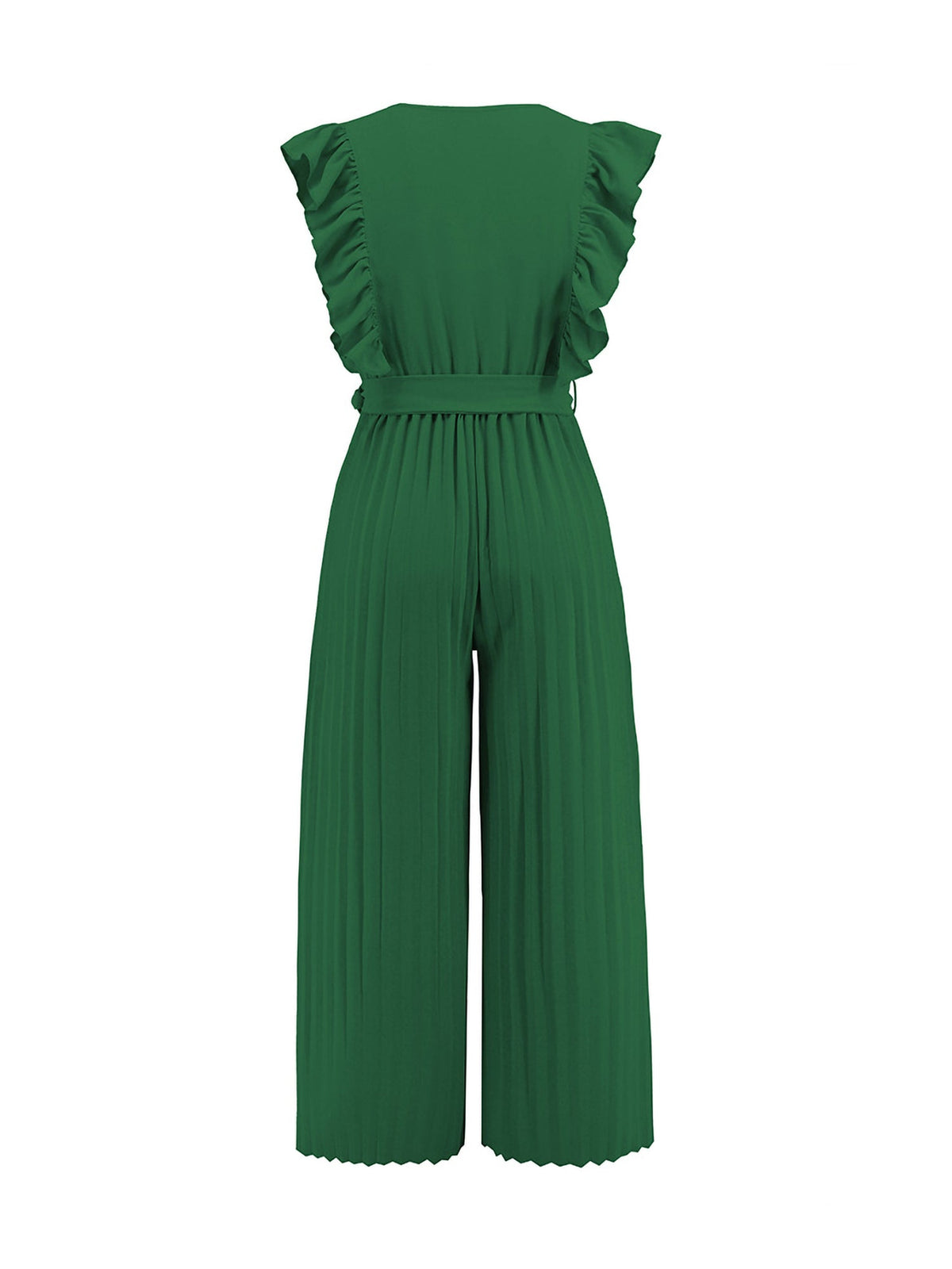 Elegant Ruffled Cap Sleeves High-Waist Pleats Belted Wide Leg Office Jumpsuits