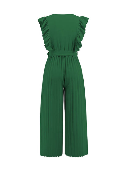Elegant Ruffled Cap Sleeves High-Waist Pleats Belted Wide Leg Office Jumpsuits