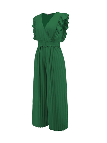 Elegant Ruffled Cap Sleeves High-Waist Pleats Belted Wide Leg Office Jumpsuits