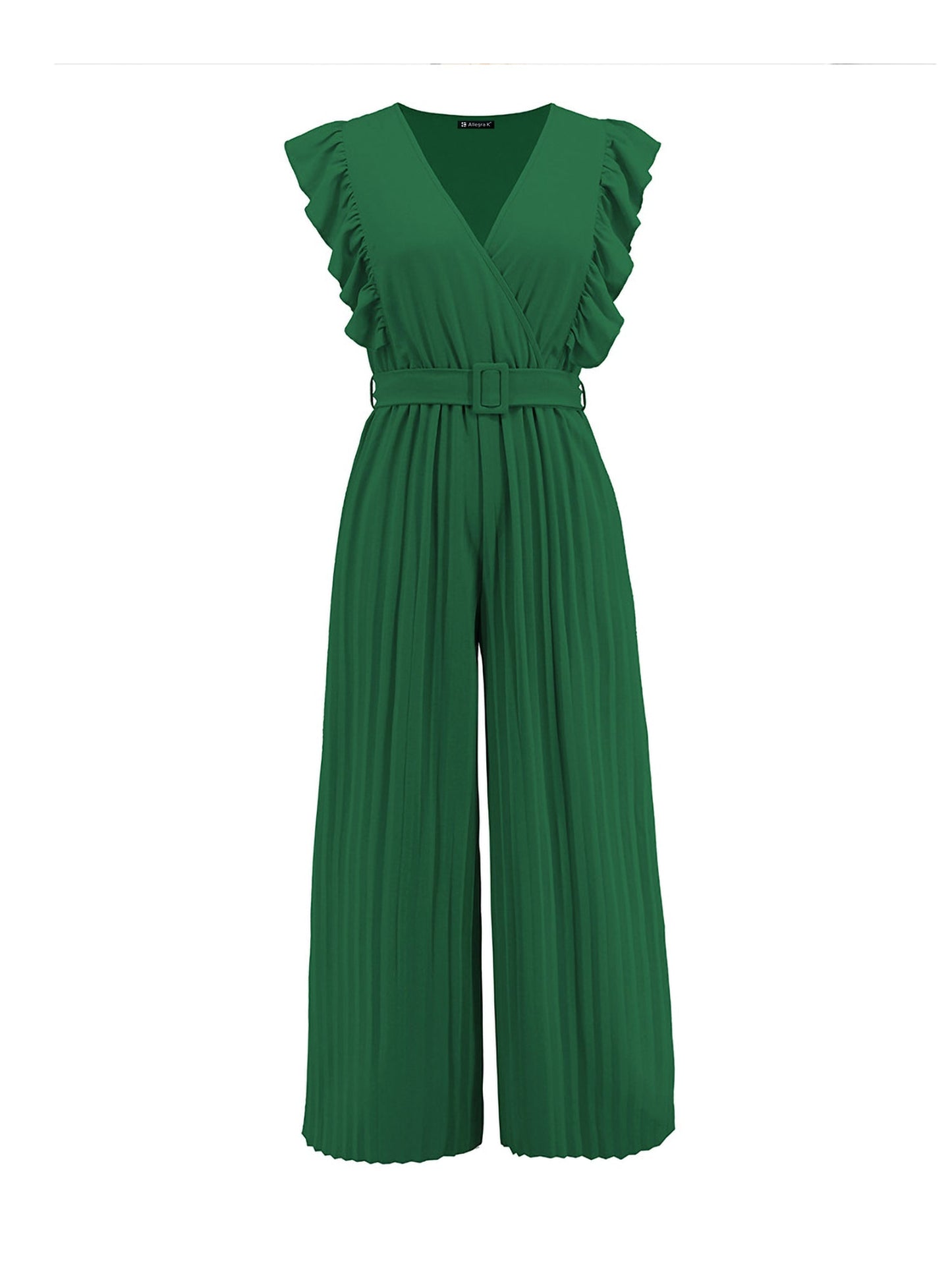 Elegant Ruffled Cap Sleeves High-Waist Pleats Belted Wide Leg Office Jumpsuits