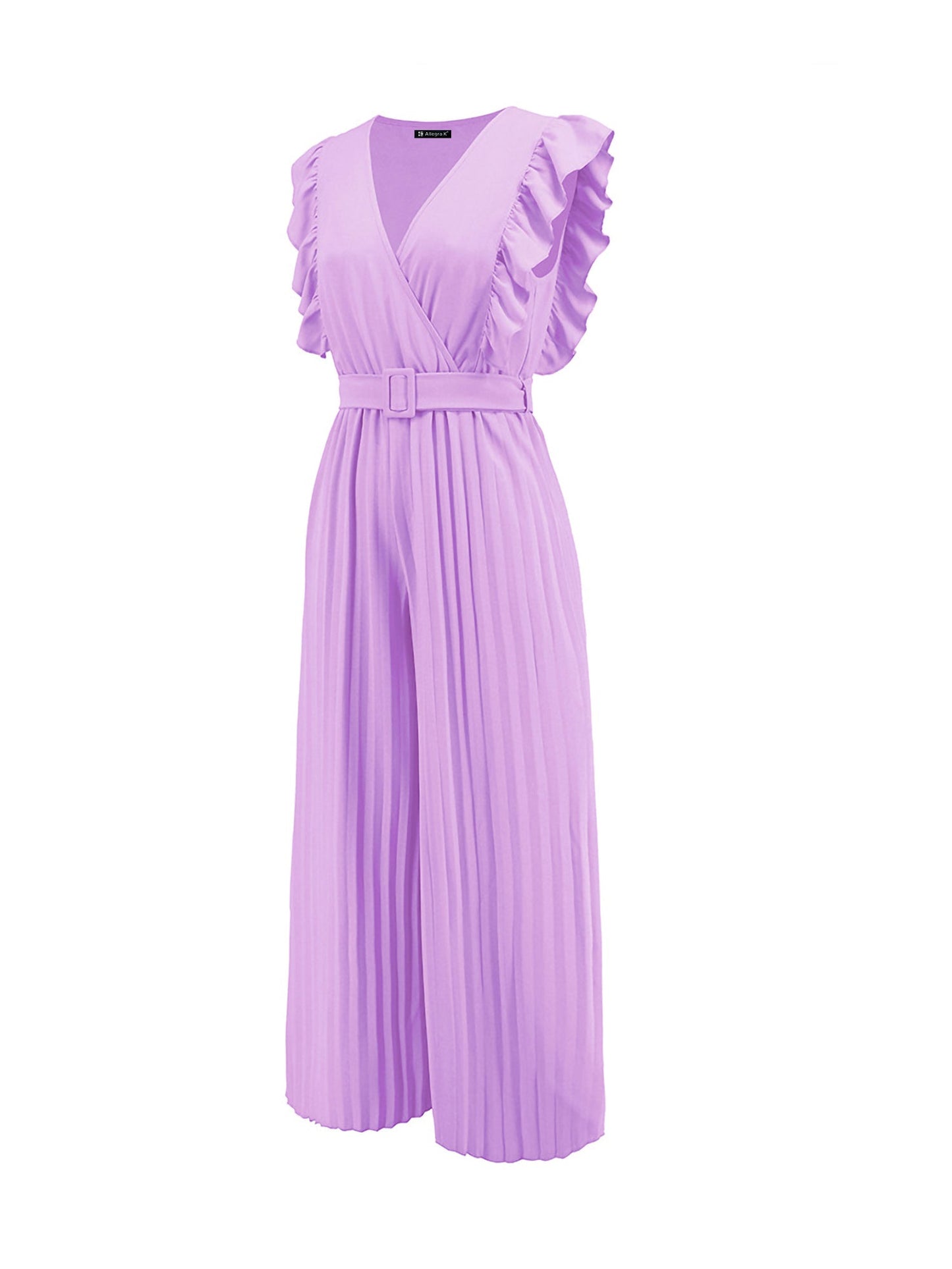 Elegant Ruffled Cap Sleeves High-Waist Pleats Belted Wide Leg Office Jumpsuits